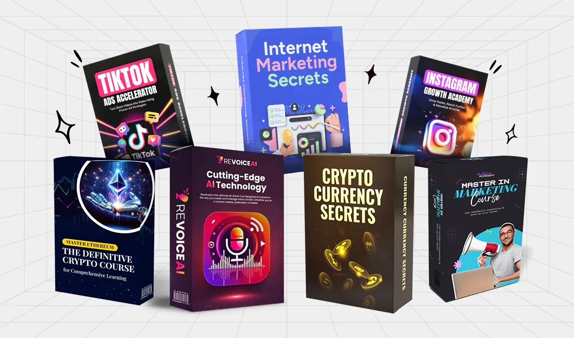 Software box mockups: TikTok Ads Accelerator, Internet Marketing Secrets, Instagram Growth Academy, Crypto Currency Secrets and more