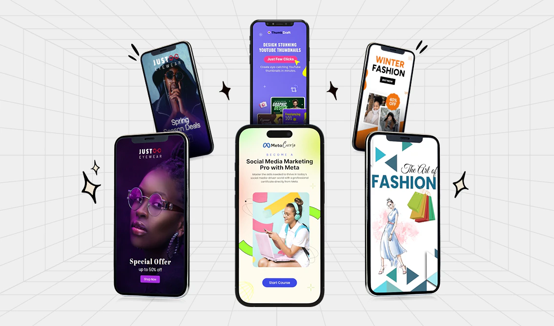Phone mockups showing fashion, social media marketing and special offer screens