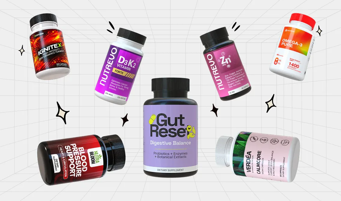 Supplement pill bottle mockups including Gut Reset, D3 + K2 and Zinc