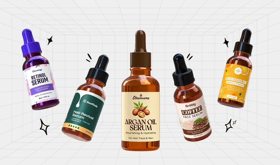 Dropper bottle mockups including Retinol Serum, Argan Oil Serum and Coffee extract