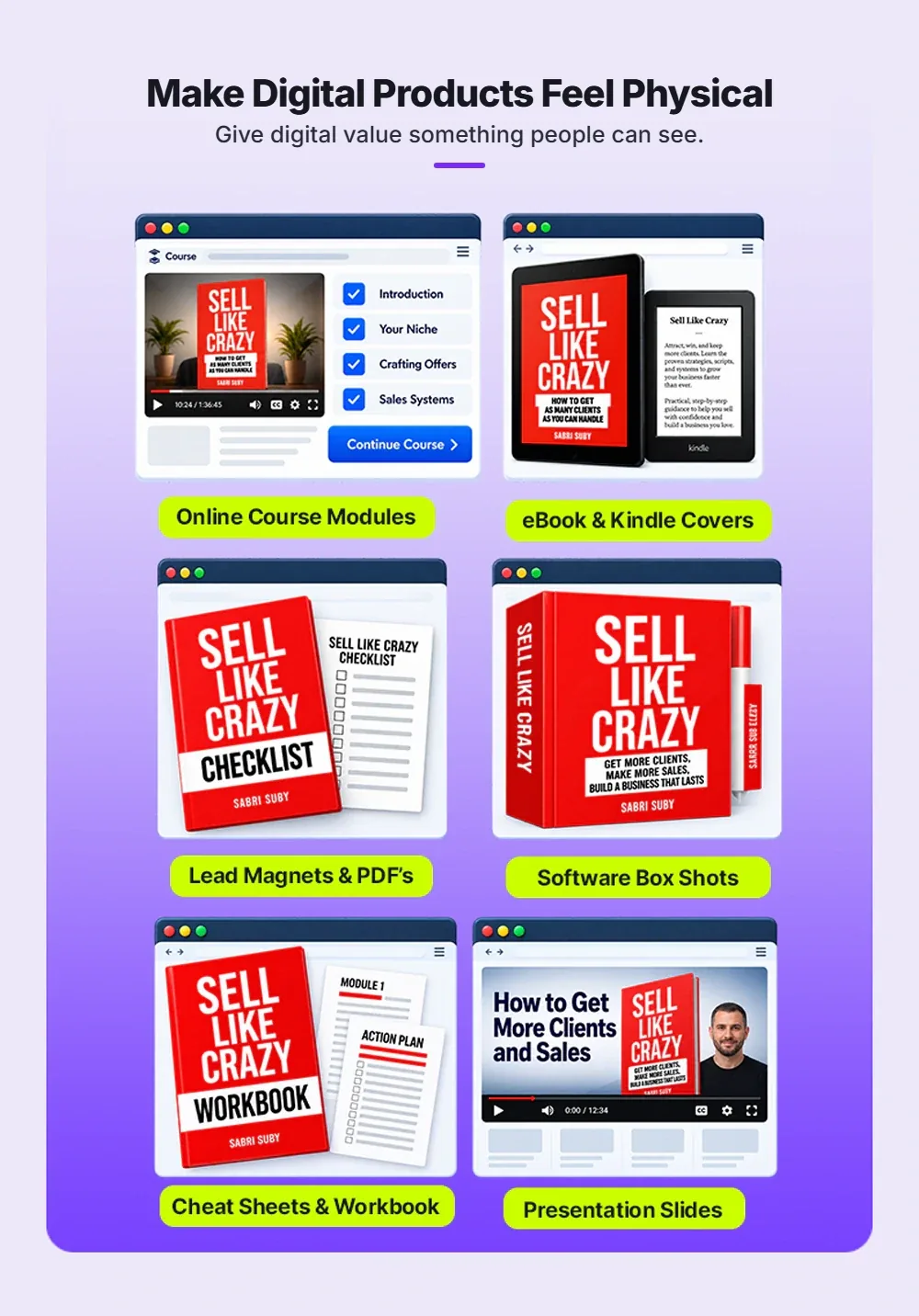Make digital products feel physical: online course modules, eBook and Kindle covers, lead magnets, software box shots, workbooks and presentation slides