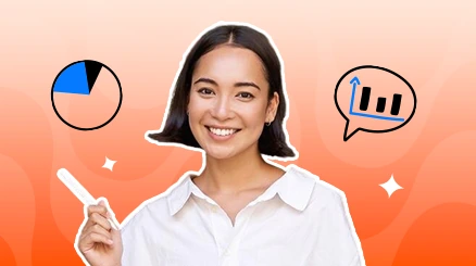 A smiling entrepreneur holding a marker beside chart icons