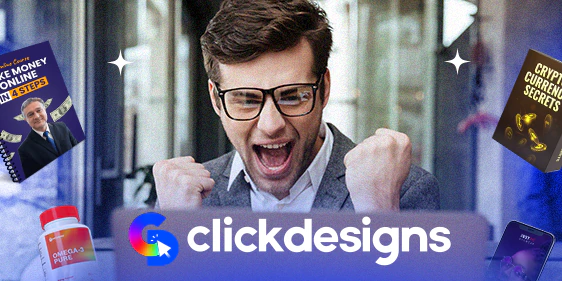 An excited man celebrating with the ClickDesigns logo and product mockups around him