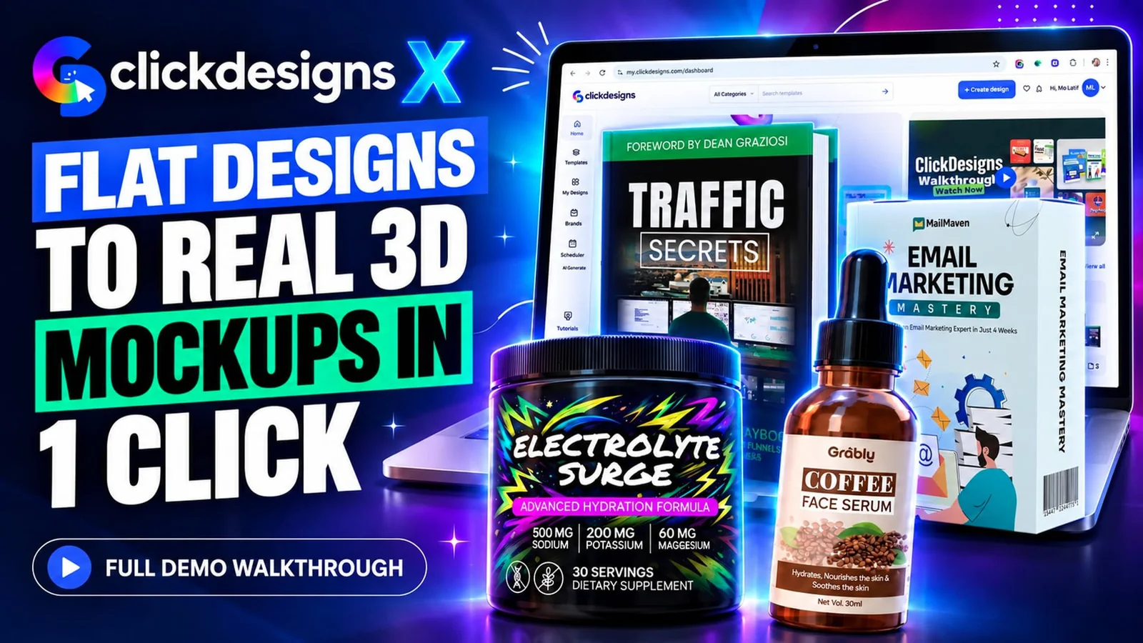 ClickDesigns X full demo walkthrough: flat designs to real 3D mockups in 1 click