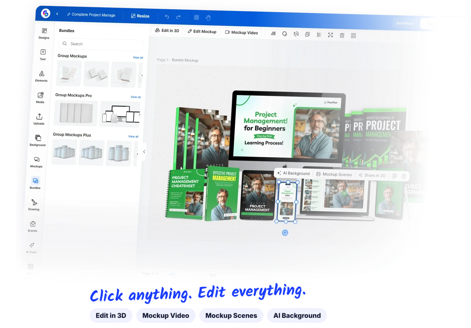 The real ClickDesigns X editor: the phone in a Project Management bundle selected, with Edit in 3D, Edit Mockup, Mockup Video, AI Background, Mockup Scenes and Share in 3D