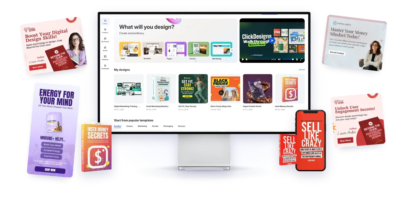 The ClickDesigns X dashboard on a studio display, surrounded by real templates