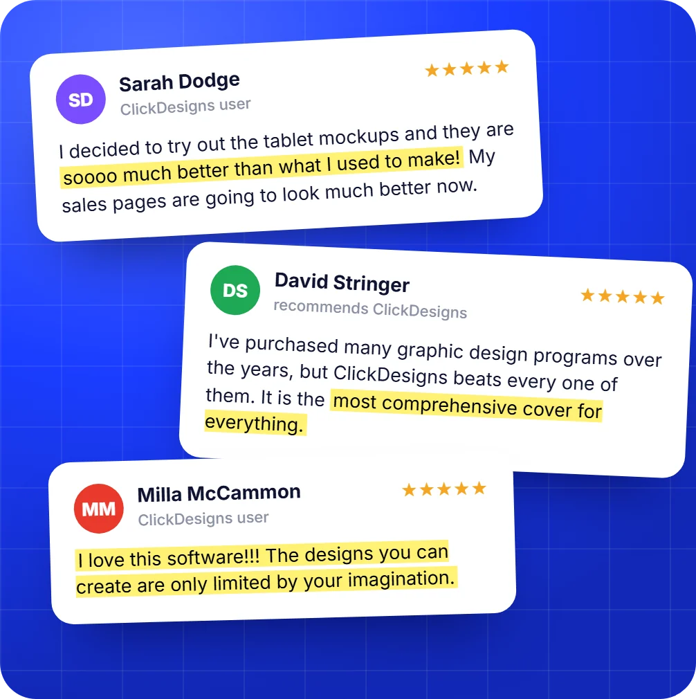 Real ClickDesigns user reviews from Sarah Dodge, David Stringer and Milla McCammon