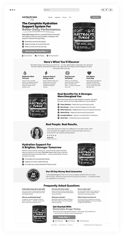 Before: a plain greyscale Electrolyte Surge sales page with flat product shots