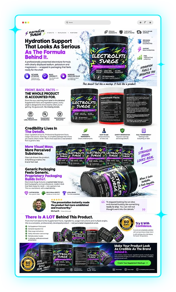After: the same Electrolyte Surge page with bold 3D product mockups, supplement facts, bundles and a guarantee badge
